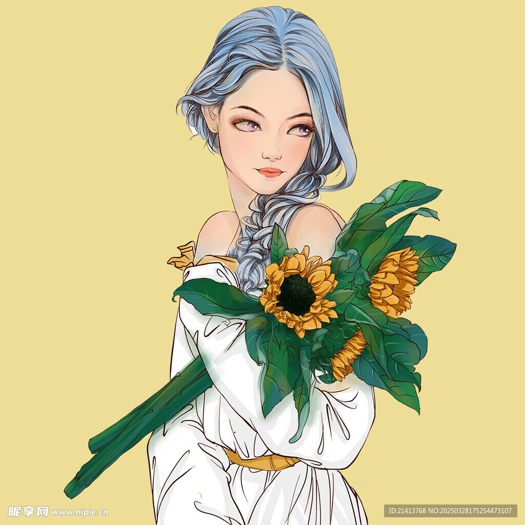 手绘鲜花女孩 