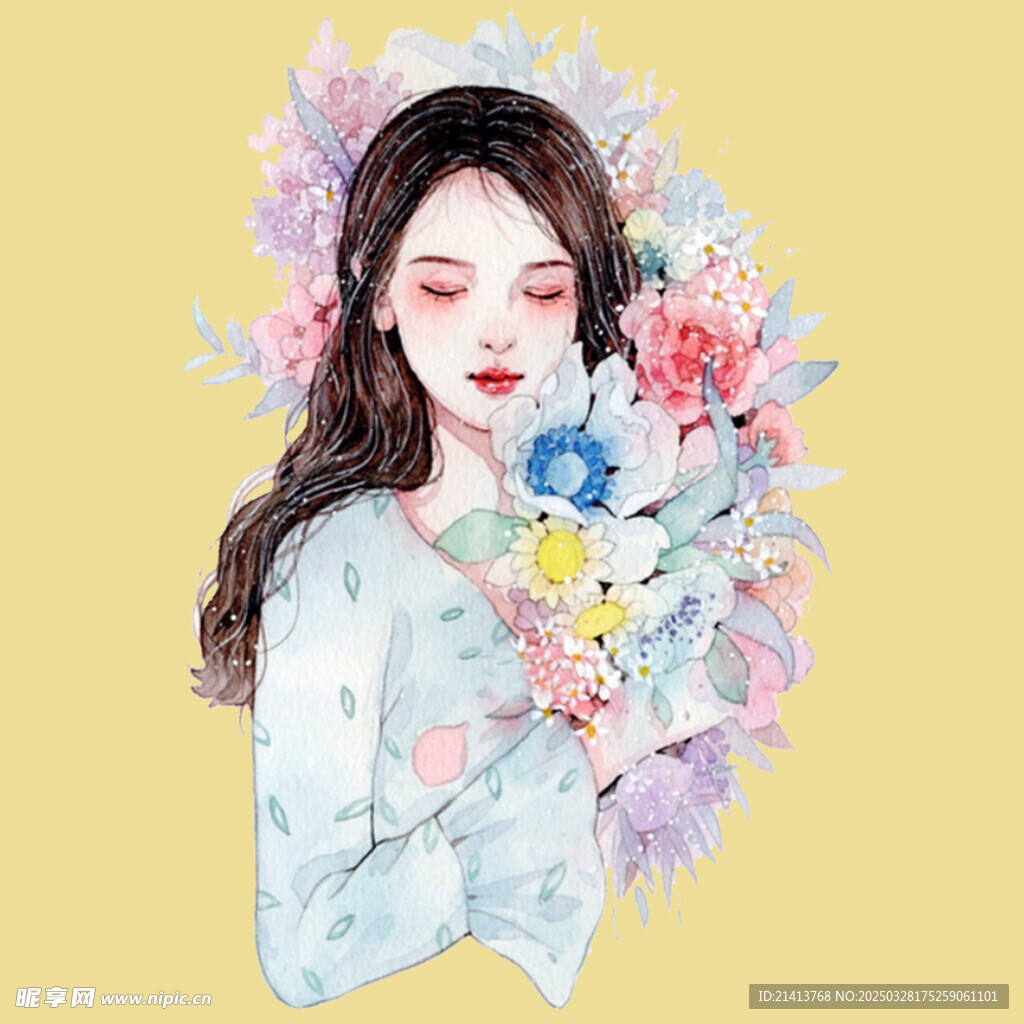 手绘鲜花女孩