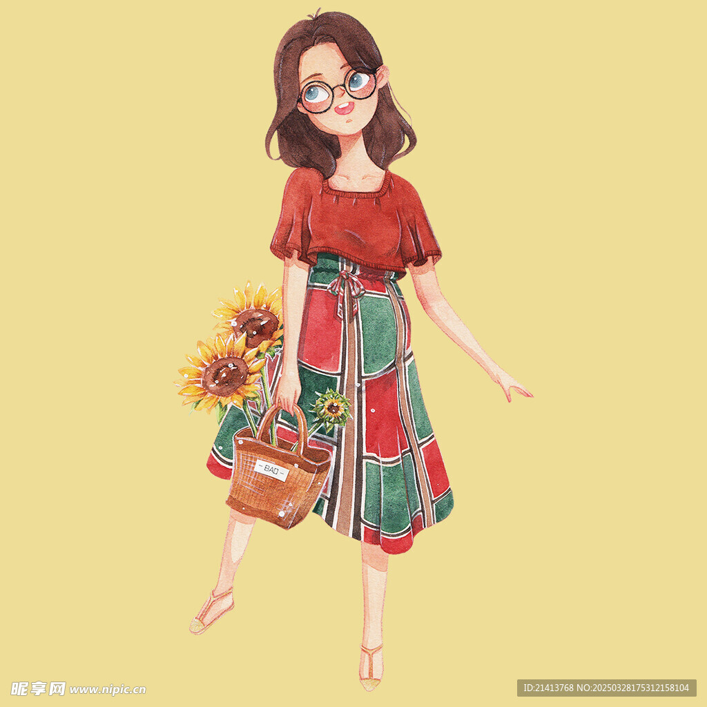 手绘鲜花女孩