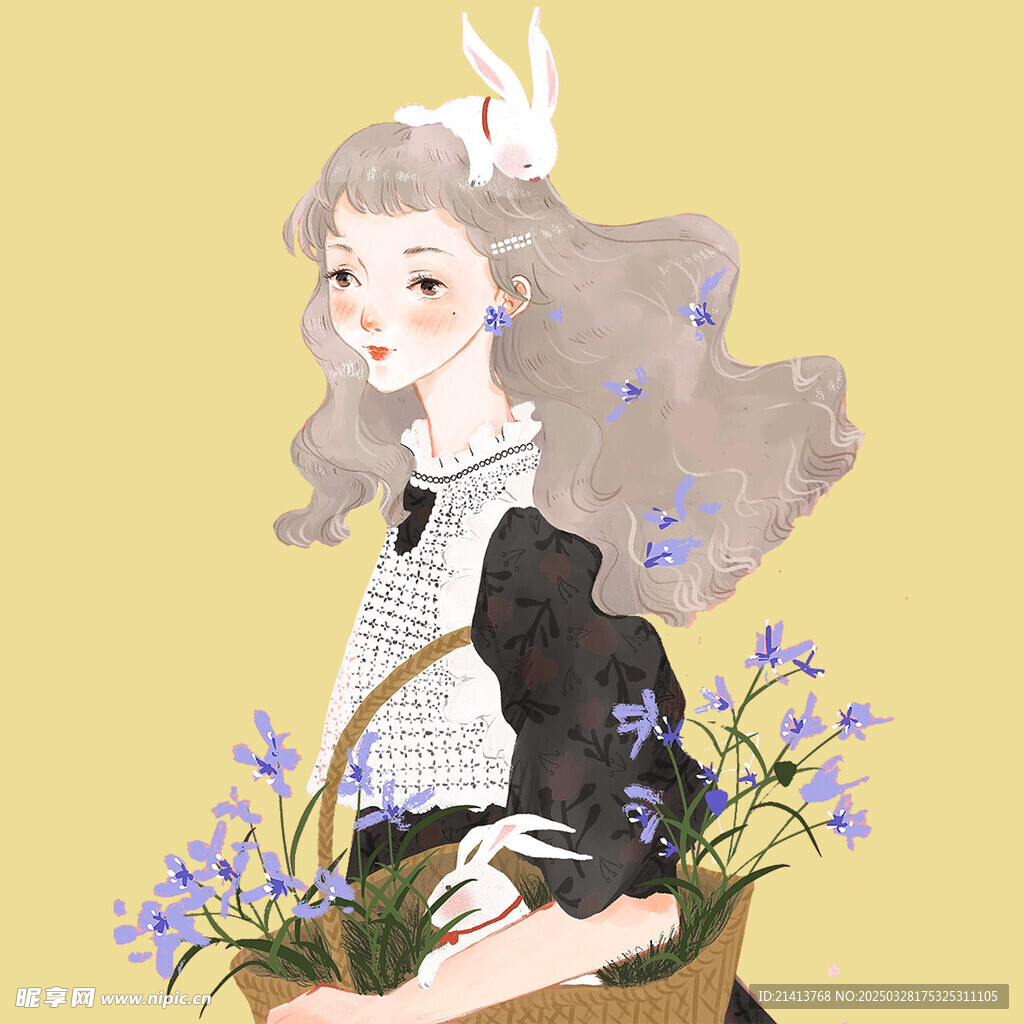 手绘鲜花女孩