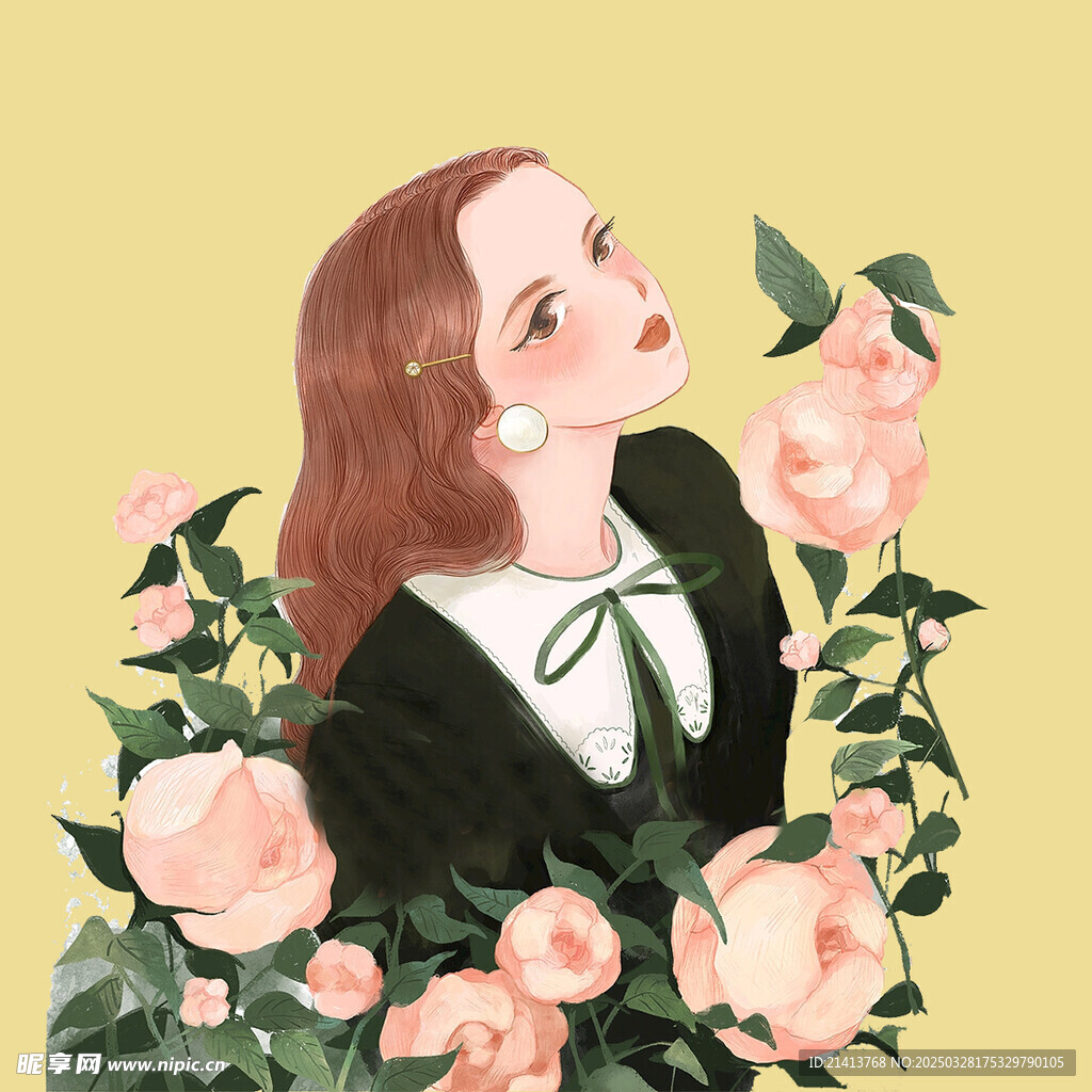 手绘鲜花女孩
