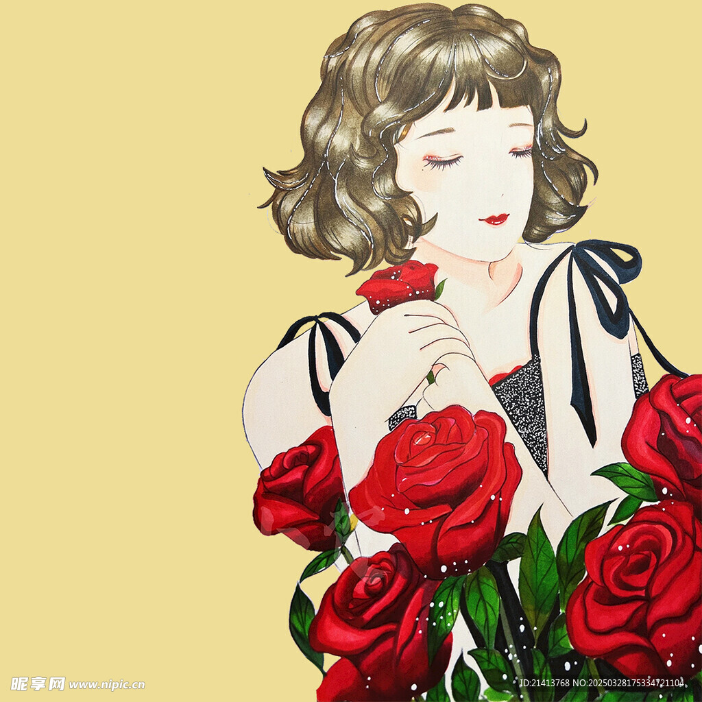 手绘鲜花女孩