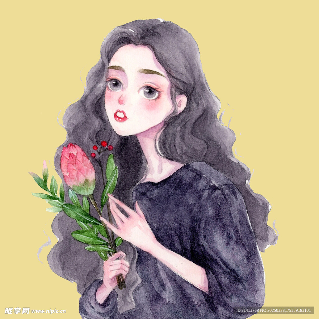 手绘鲜花女孩