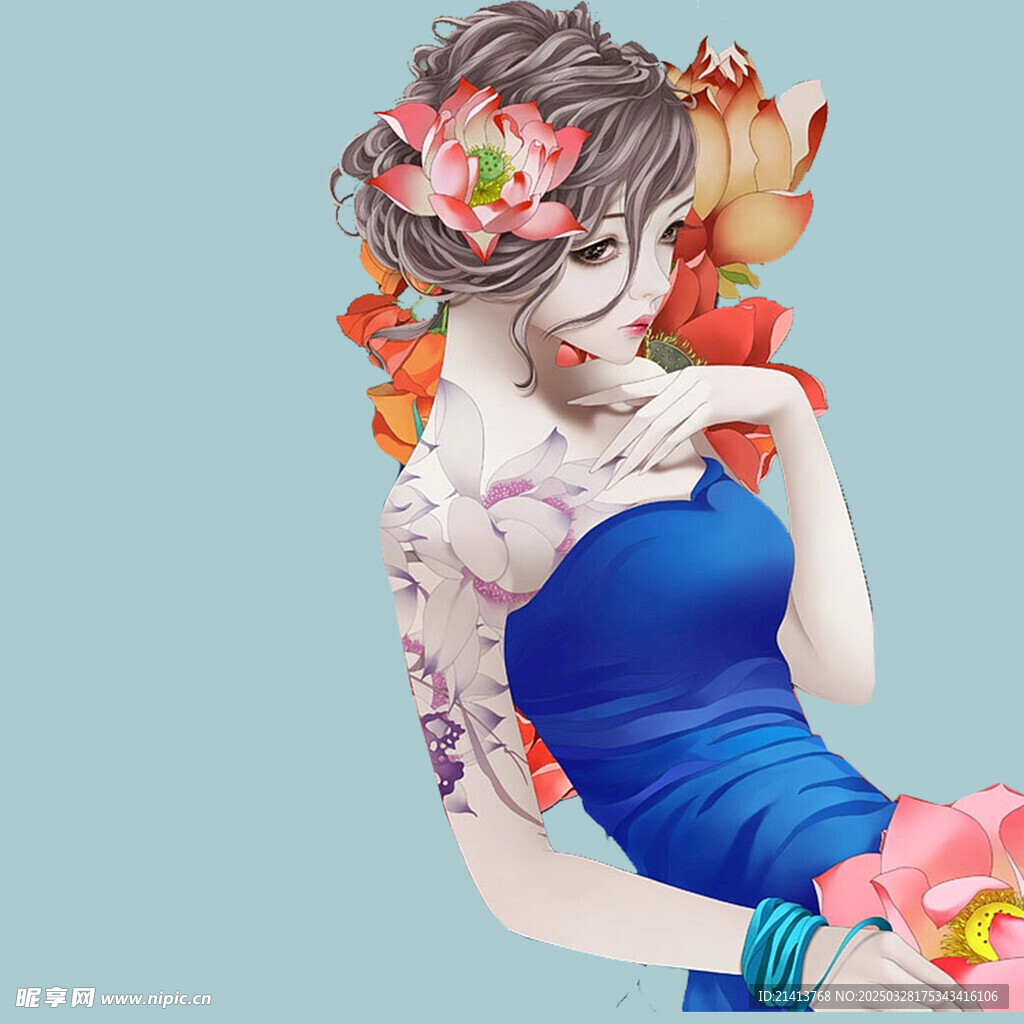 手绘鲜花女孩