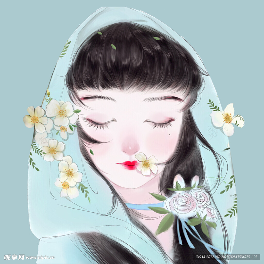 手绘鲜花女孩