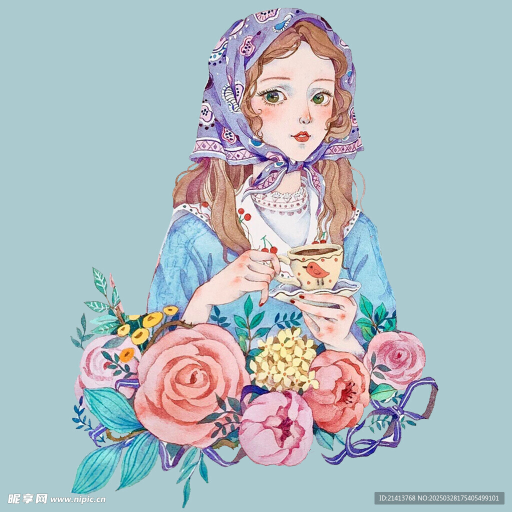 手绘鲜花女孩