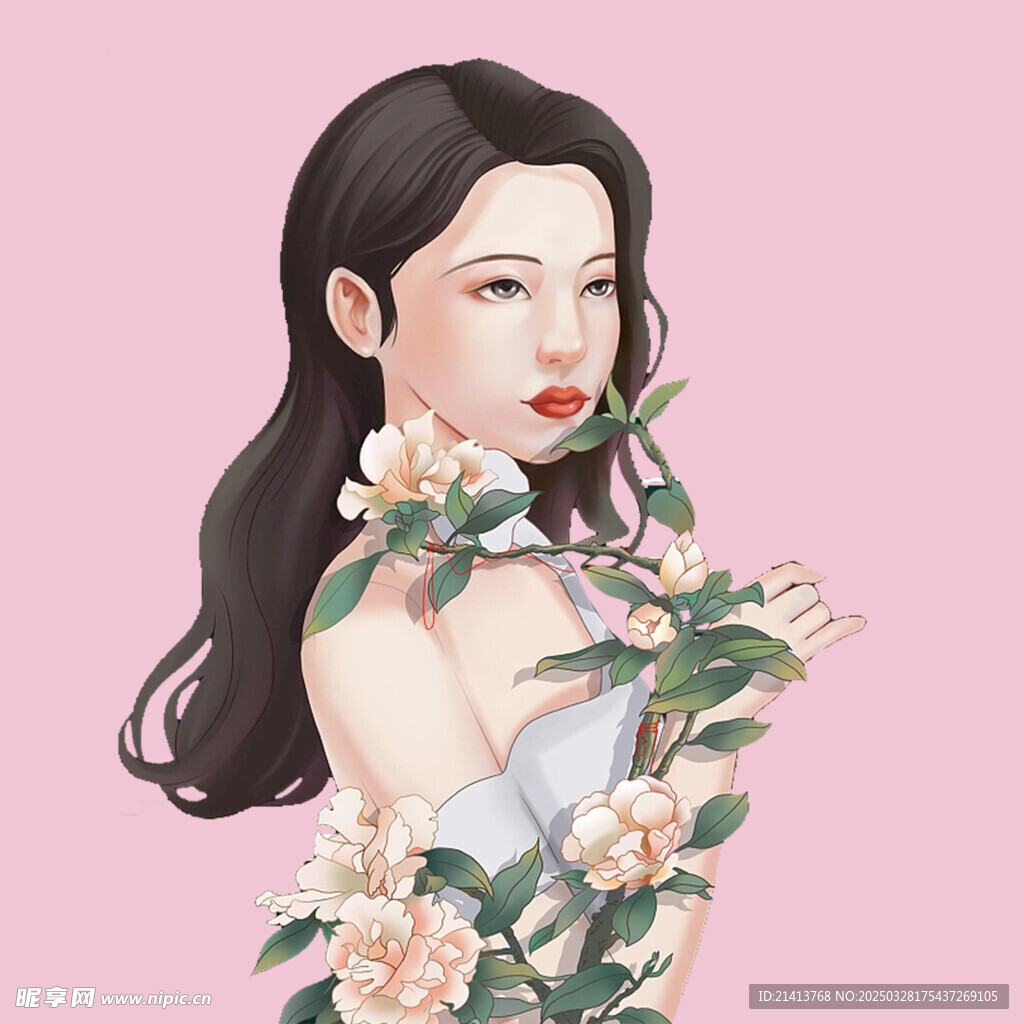 手绘鲜花女孩