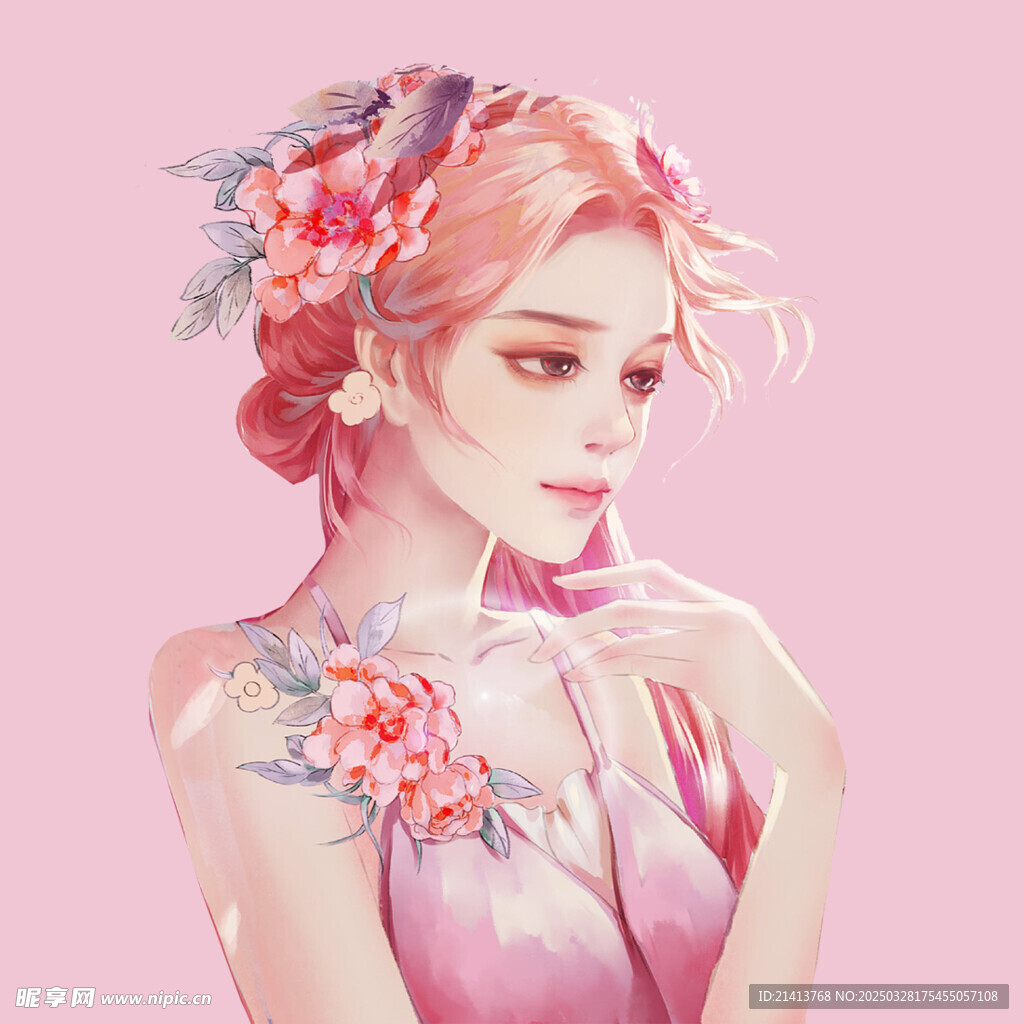 手绘鲜花女孩