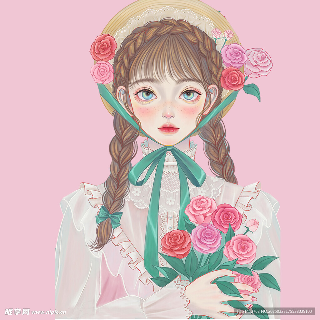 手绘鲜花女孩