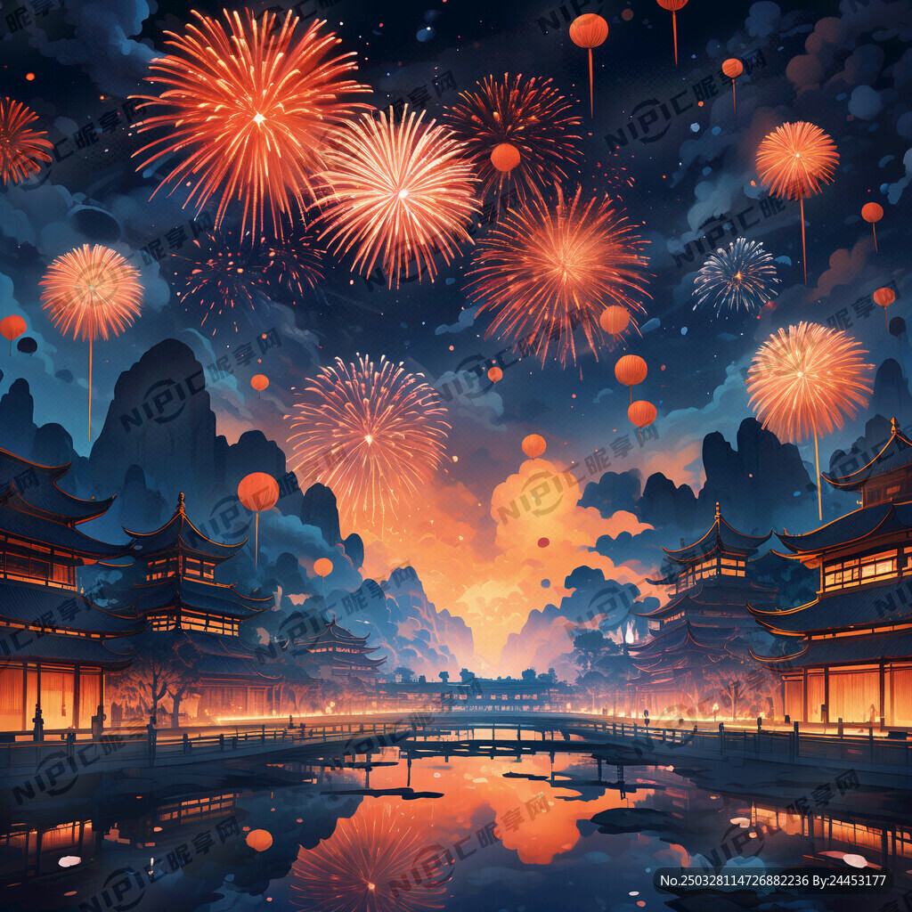 图片下方是中式宫殿建筑 天空中