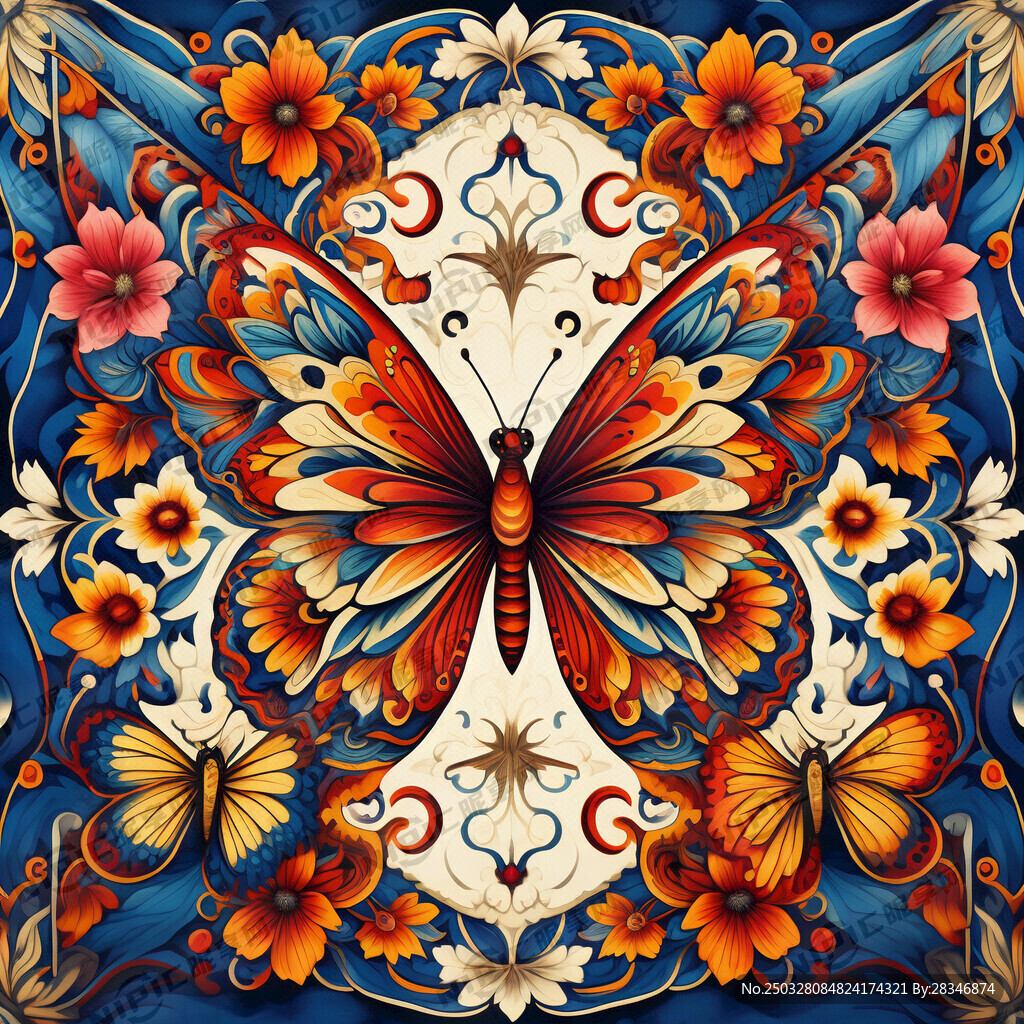 有蝴蝶有花的一条方巾图案