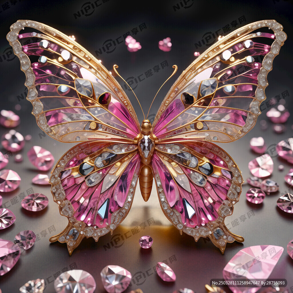 粉色带钻金色蝴蝶 翅膀好看