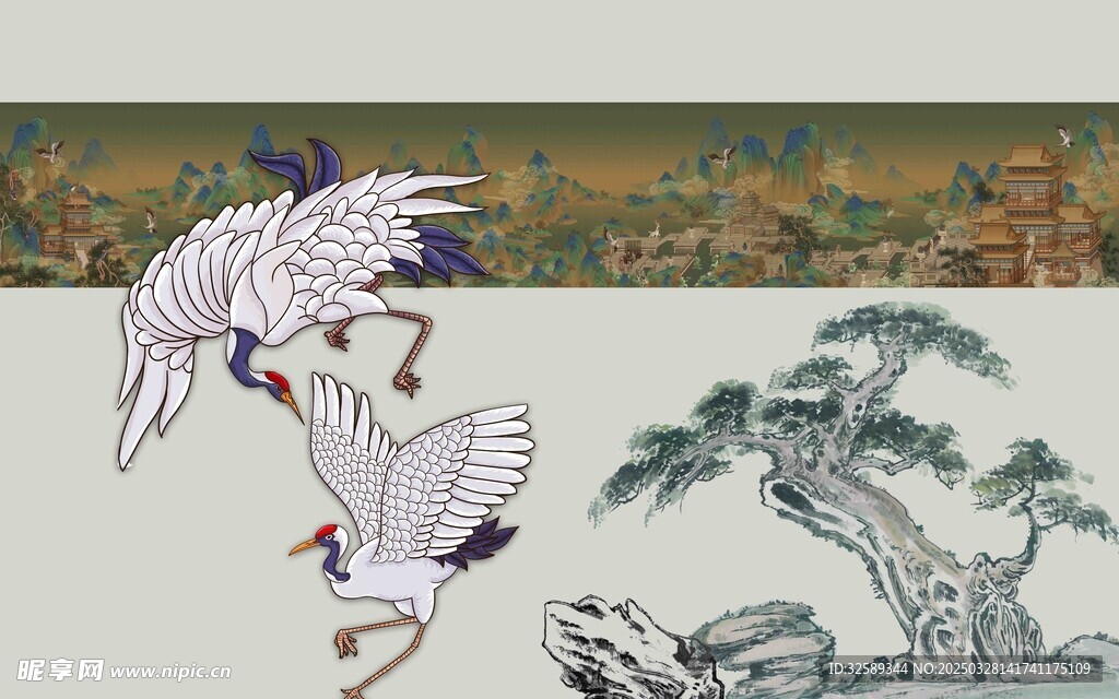 松鹤新中式背景墙  