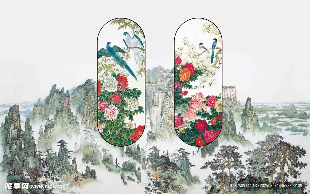 山水花鸟新中式背景墙 