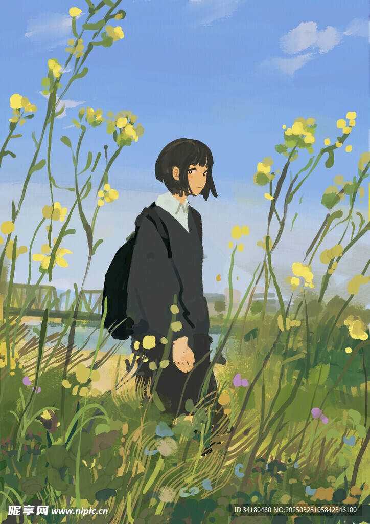 春季人物插画复古背景