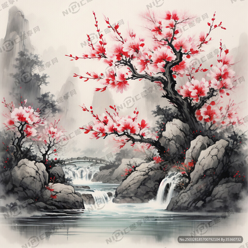 中式风景画流水生财梅花山水玄关
