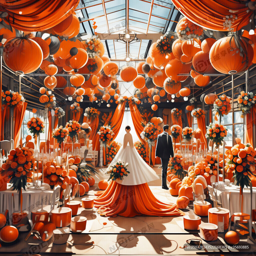 橙色婚礼接待搭建场景设计图简单