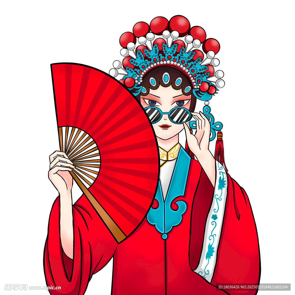 国潮戏曲拿扇子花旦人物手绘
