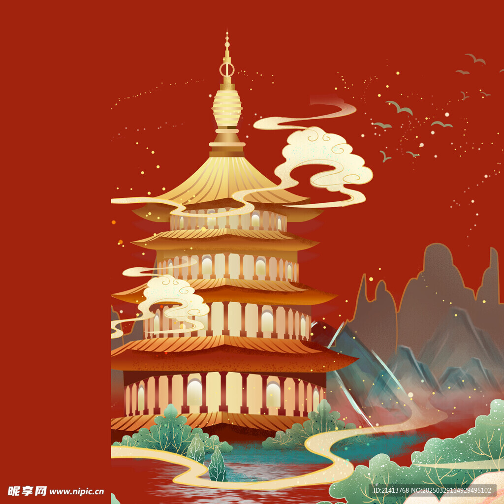 手绘古代建筑