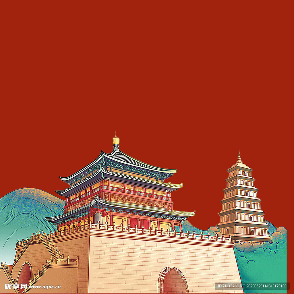 手绘古代建筑