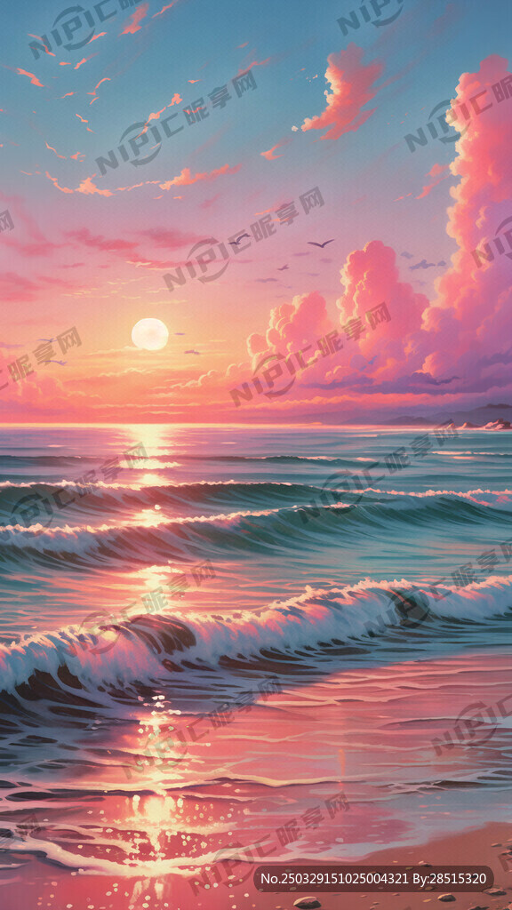 海滩  日落   海浪    