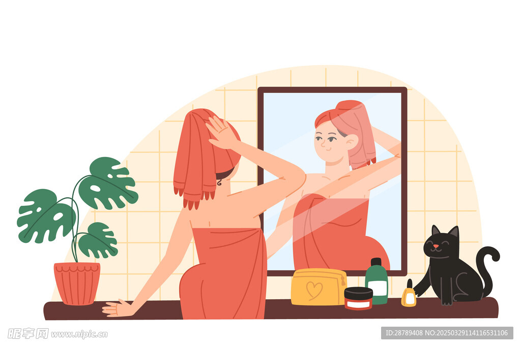 女孩照镜子卡通图