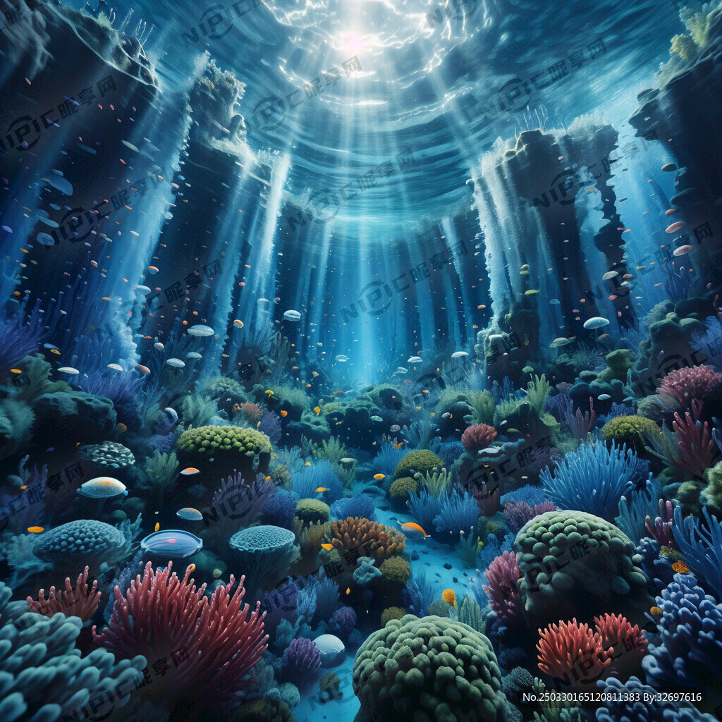 蓝色深海有海藻不要鱼和石头