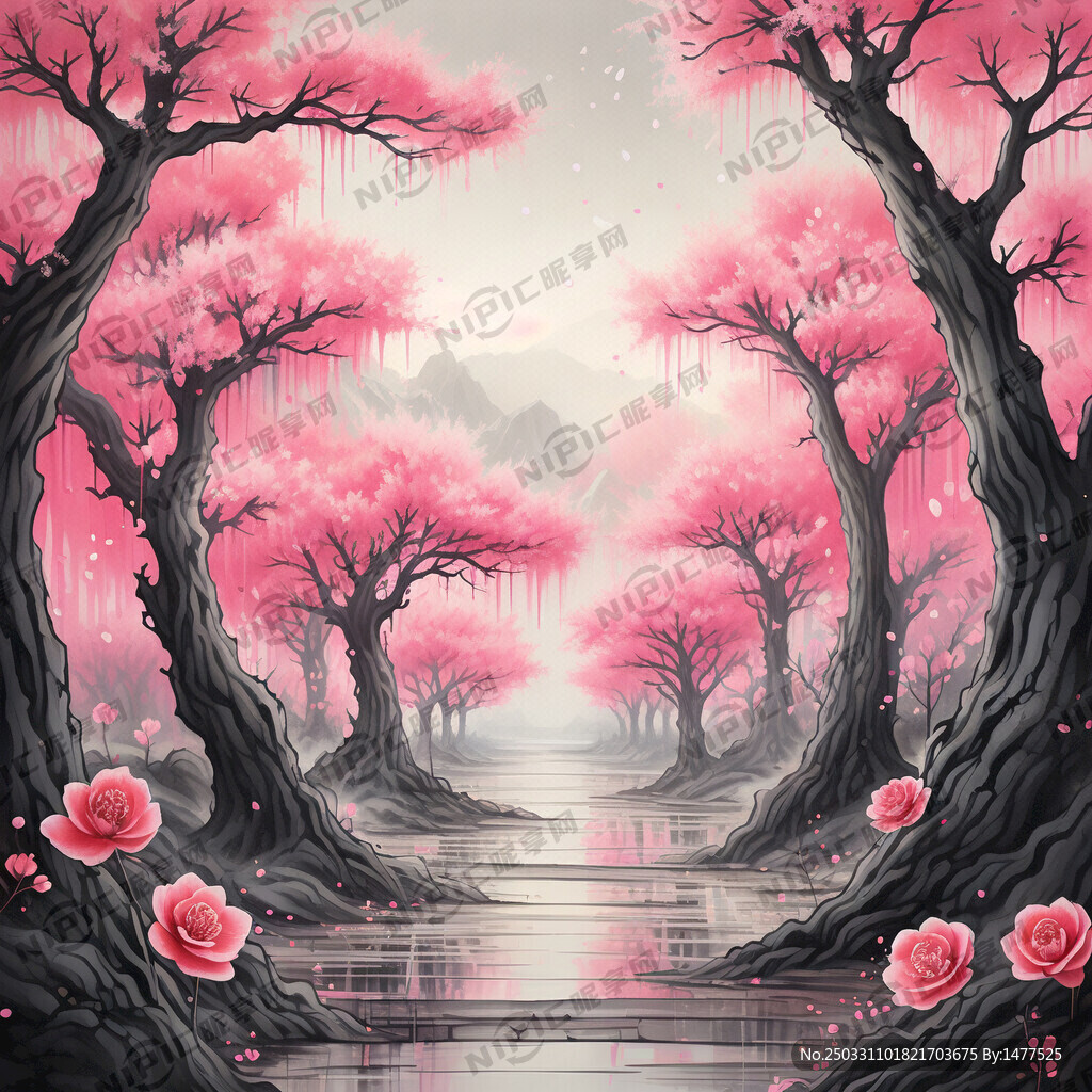 写意 粉色 桃林 透亮的天