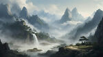 山谷，中国风，中国画，山水，水墨风格，写意，意境，高雅，高清，仙风道骨。