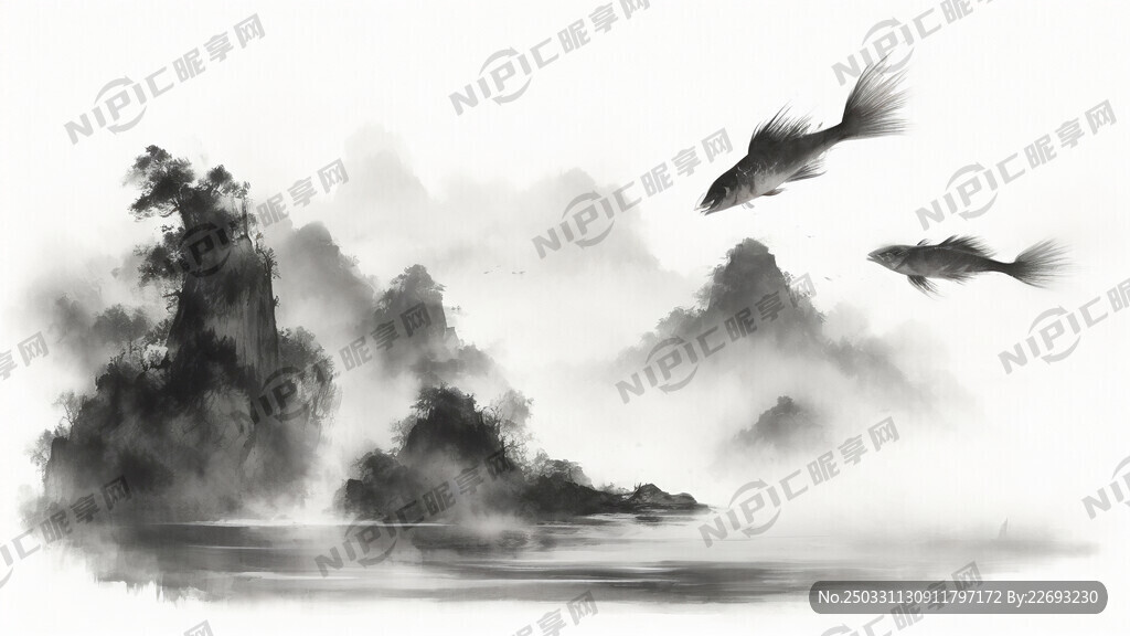 鱼跃龙门 中国风 中国画 山水