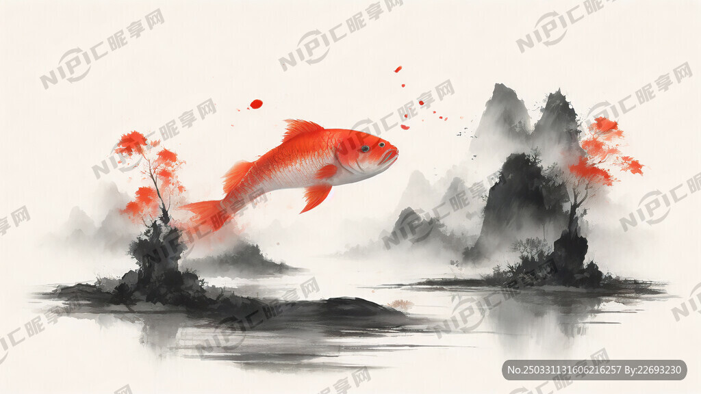 九条鱼 中国风 中国画 山水