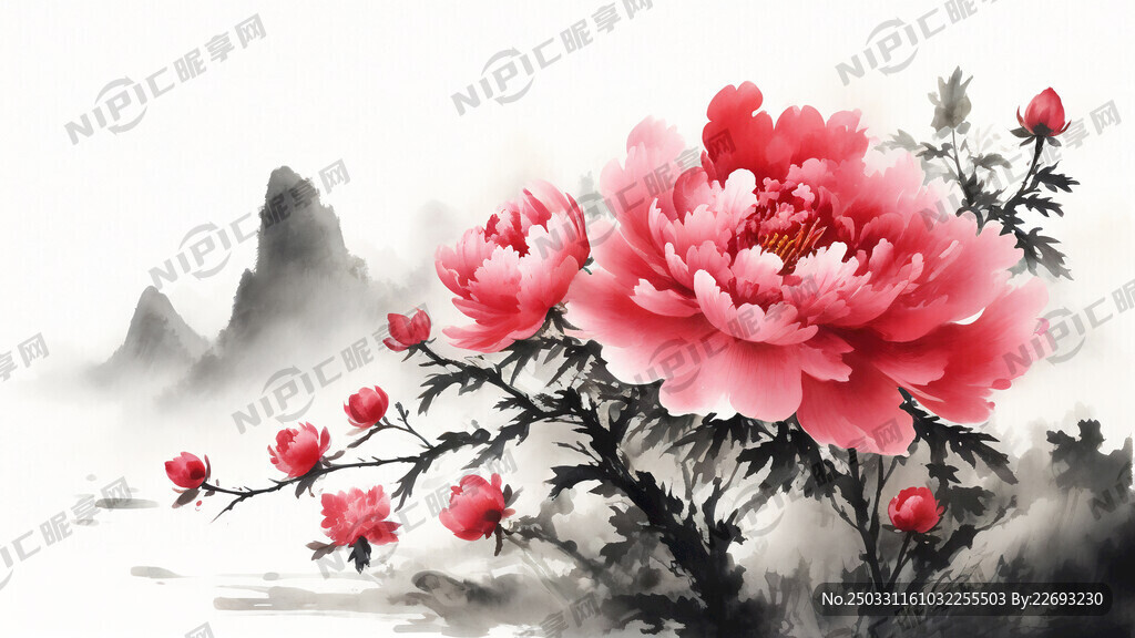 牡丹 中国风 中国画 山水