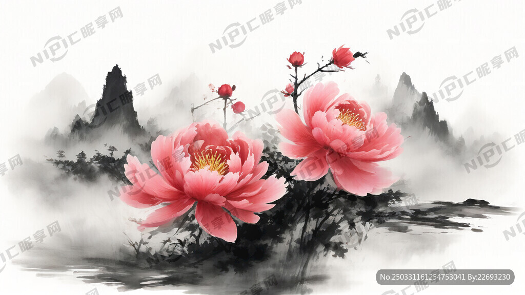 牡丹 中国风 中国画 山水