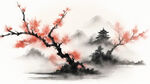 桃花，中国风，中国画，山水，水墨风格，写意，意境，高雅，高清，仙风道骨。