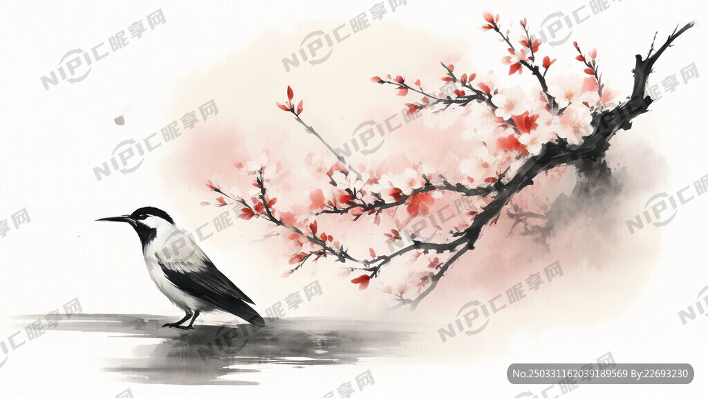 桃花 鸟 中国风 中国画 山水