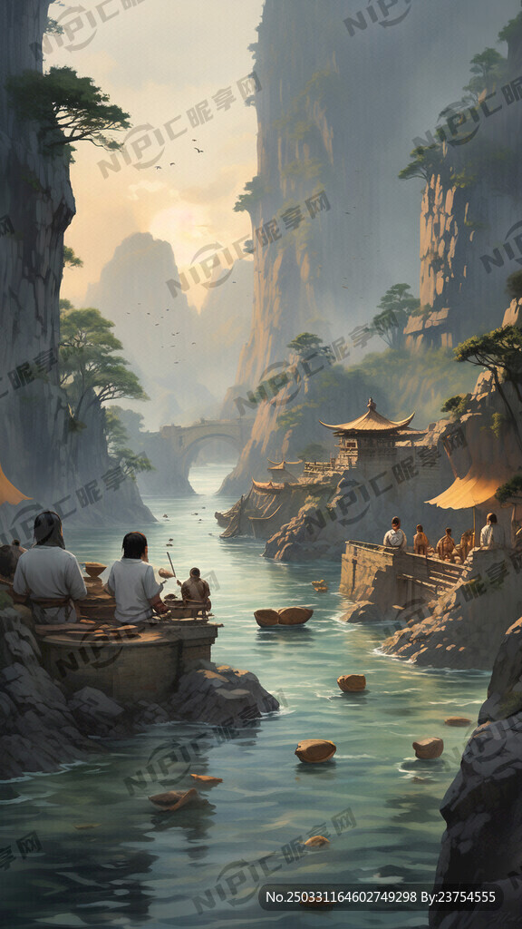 一群古代中国人在青山绿水的河边