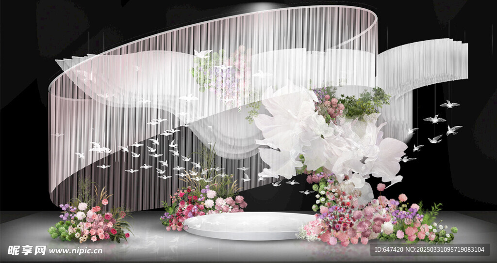 粉色线帘婚礼迎宾背景效果图