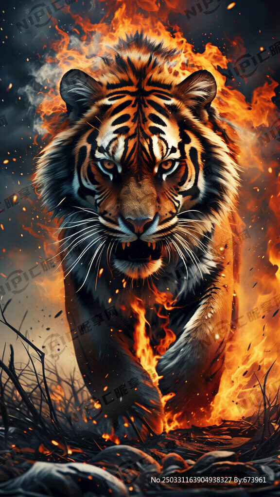 猛虎老虎 地上有枯草和火焰