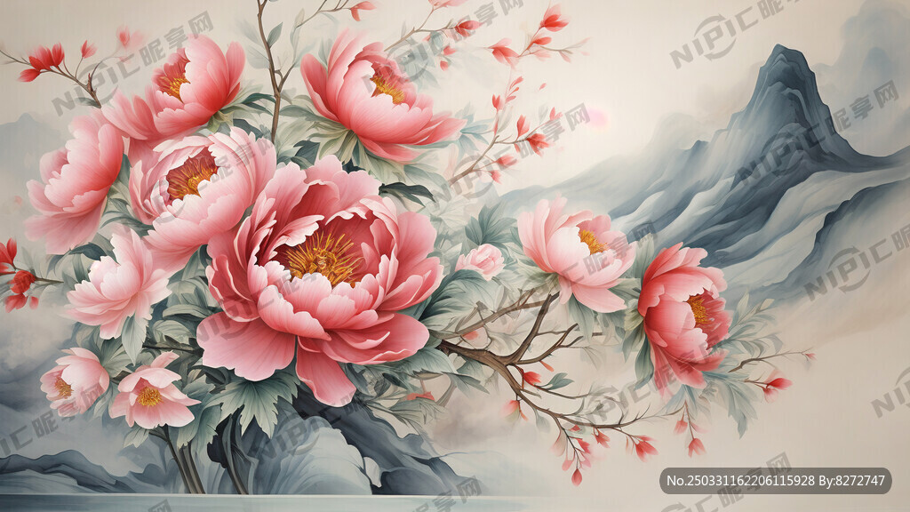 抽象山水牡丹花玄关背景
