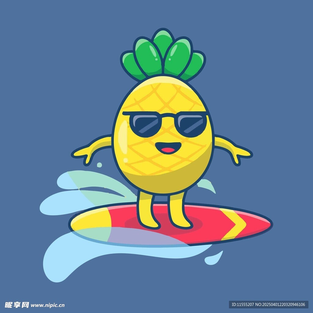 戴着墨镜在冲浪板上的卡通菠萝