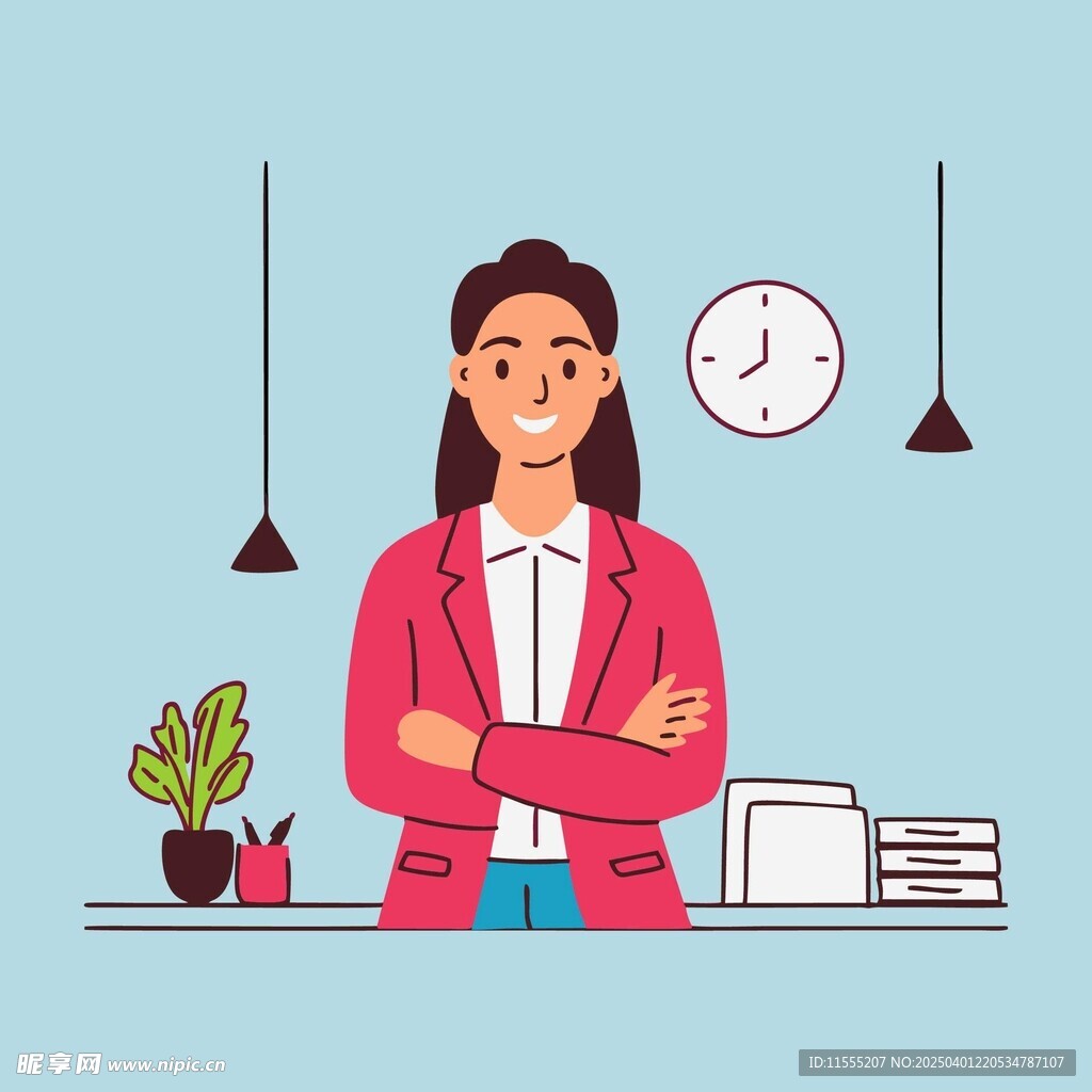 双臂交叉站在办公用品旁的女士