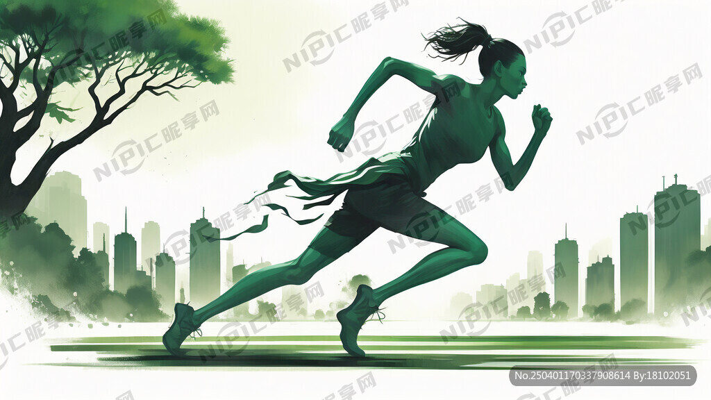 绿色调风景插画 跑步人物剪影