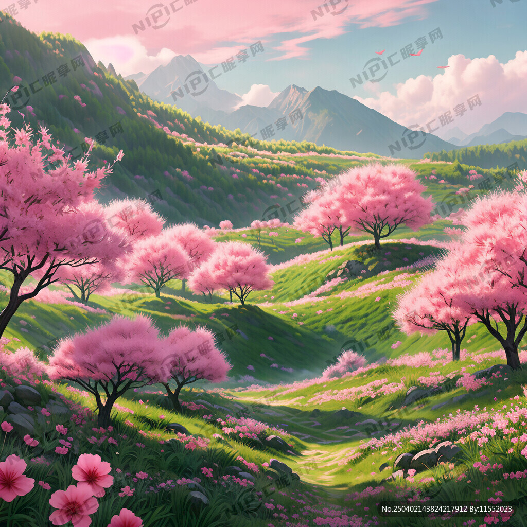 粉色桃花林加绿山绿草地