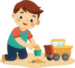 小孩专注玩黄色挖土玩具免抠图