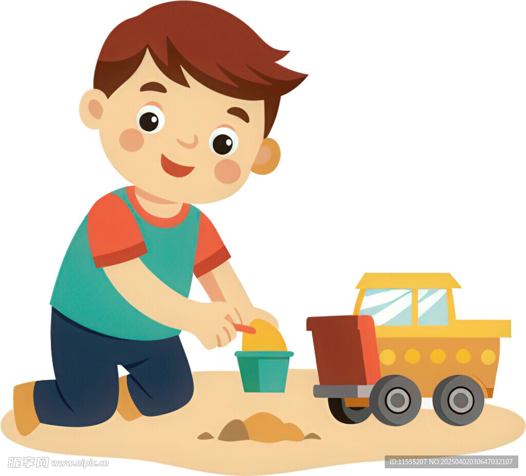 小孩专注玩黄色挖土玩具免抠图