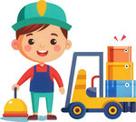 戴绿帽小孩持扫帚伴叉车免抠图