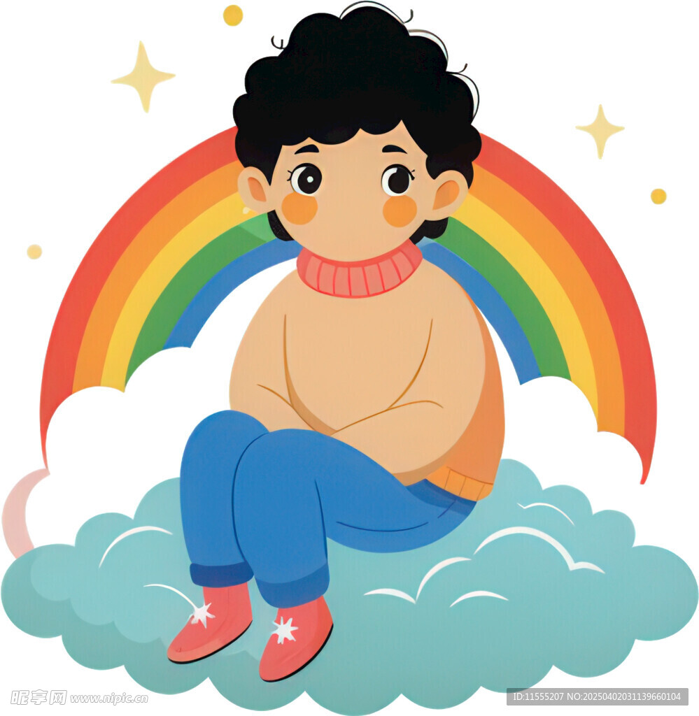 男孩坐彩虹云朵神情悠然