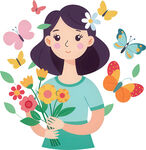 女孩伴蝴蝶捧花面露笑意