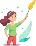 女孩拿魔杖身旁飘飞羽毛免抠图