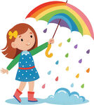 女孩持彩虹欢乐撒播雨滴免抠图